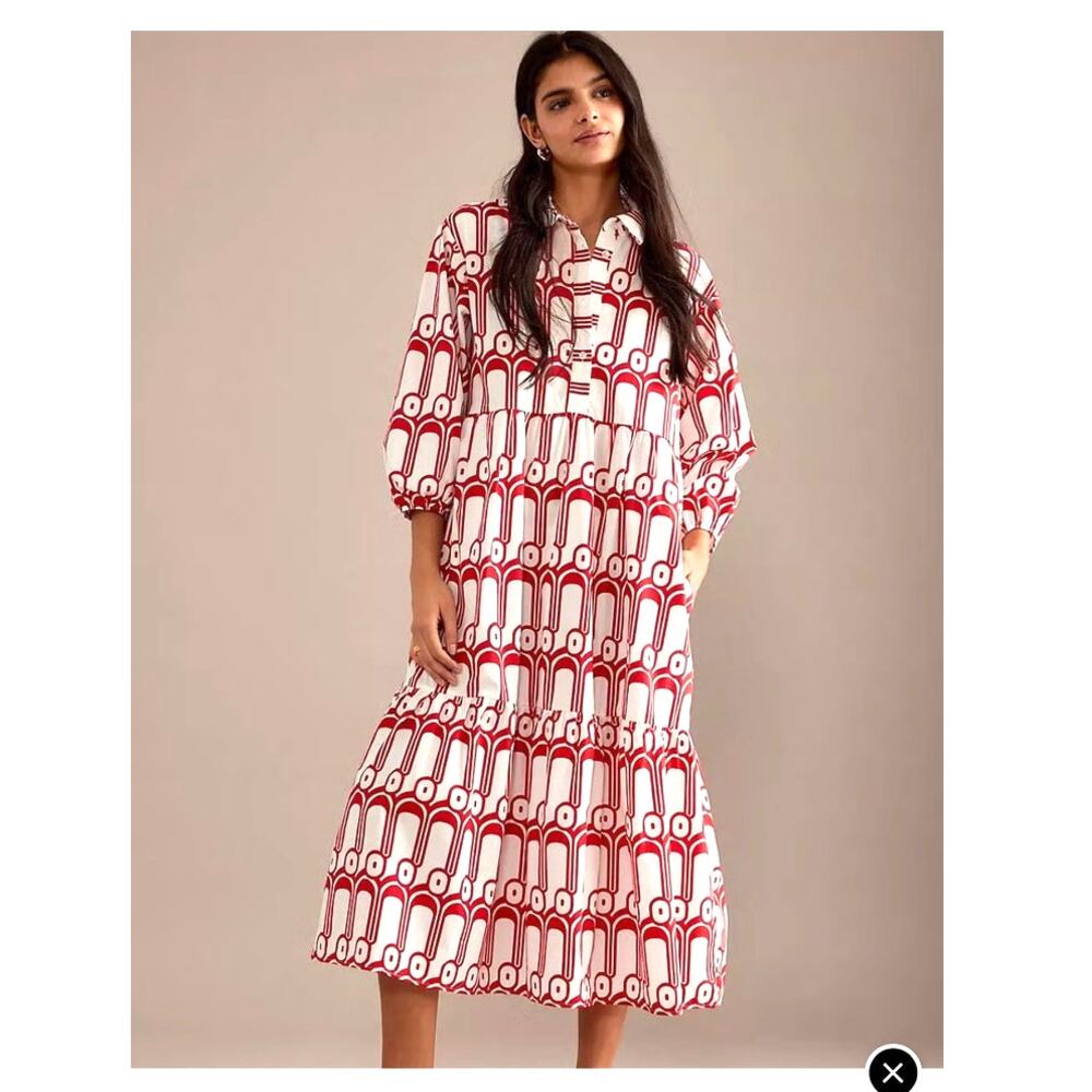 Maeve Red and White Geometric Midi Dress